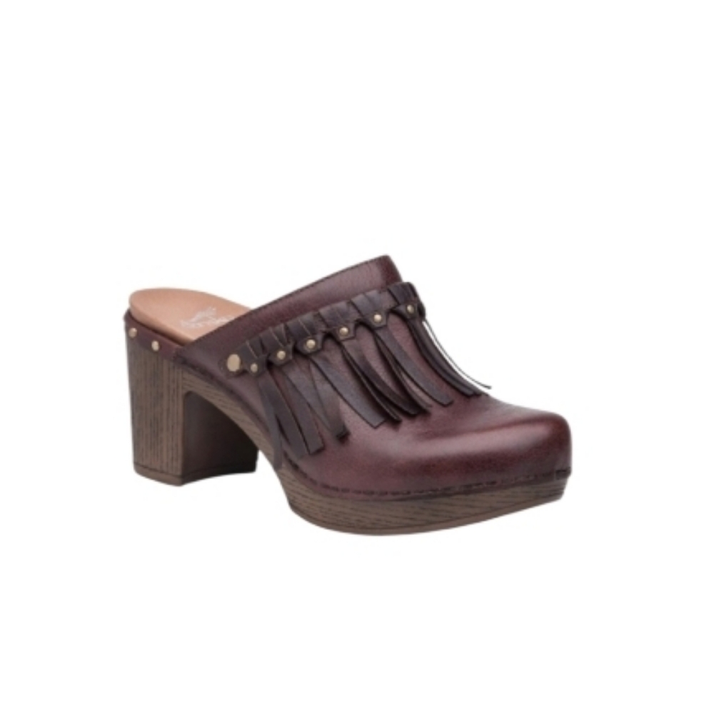 41 Dansko Deni Fringe Brown Leather Slip High Heel Clog Mule Boho Women 10.5 11